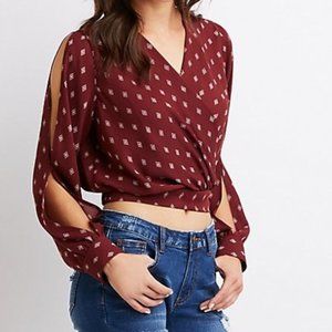 Burgundy Crop Top Blouse with Slit Sleeves and Zipper Back